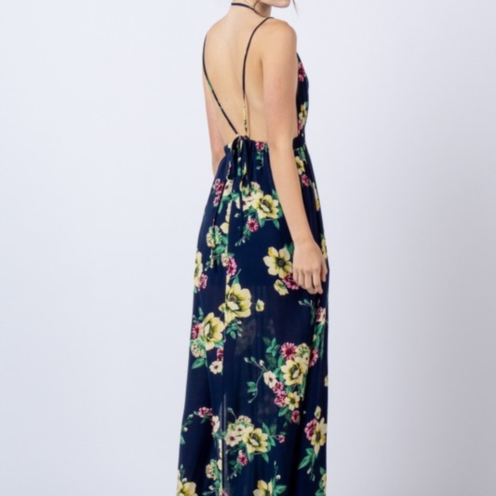 Navy Floral Print Strappy Open Back Maxi D… - Picture 2 of 9